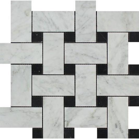 Tilefornia Italian Carrara White Marble Large Basketweave Mosaic Tile w/ Black Marble DotsPolished/Honed - Tilefornia