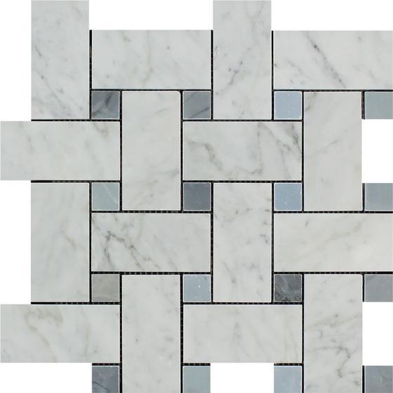 Tilefornia Italian Carrara White Marble Large Basketweave Mosaic Tile w/ Blue/Gray Marble Dots Polished/Honed - Tilefornia