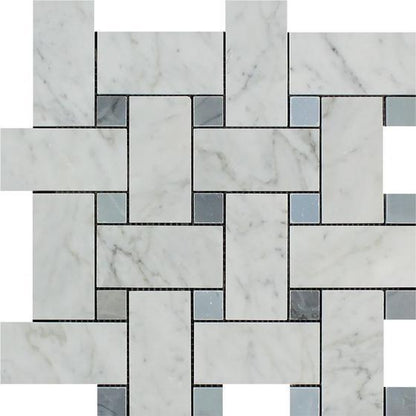 Tilefornia Italian Carrara White Marble Large Basketweave Mosaic Tile w/ Blue/Gray Marble Dots Polished/Honed - Tilefornia