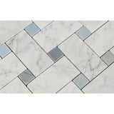 Tilefornia Italian Carrara White Marble Large Basketweave Mosaic Tile w/ Blue/Gray Marble Dots Polished/Honed - Tilefornia