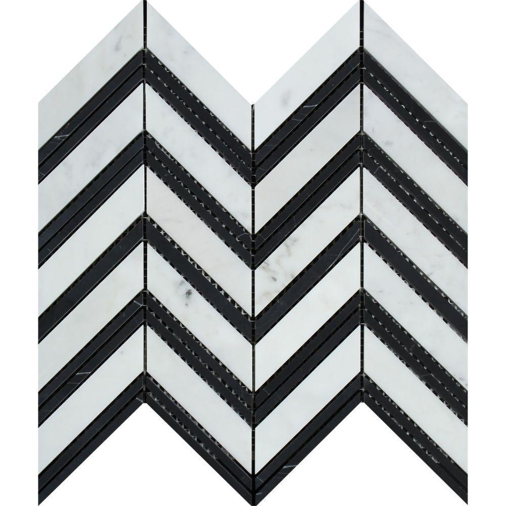 Tilefornia Italian Carrara White Marble Large Chevron Mosaic Tile w/ Black Marble Strips Polished/Honed - Tilefornia