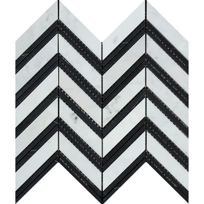 Tilefornia Italian Carrara White Marble Large Chevron Mosaic Tile w/ Black Marble Strips Polished/Honed - Tilefornia
