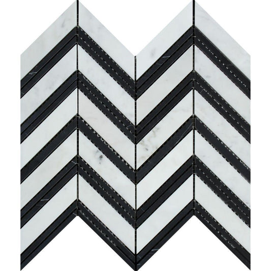 Tilefornia Italian Carrara White Marble Large Chevron Mosaic Tile w/ Black Marble Strips Polished/Honed - Tilefornia