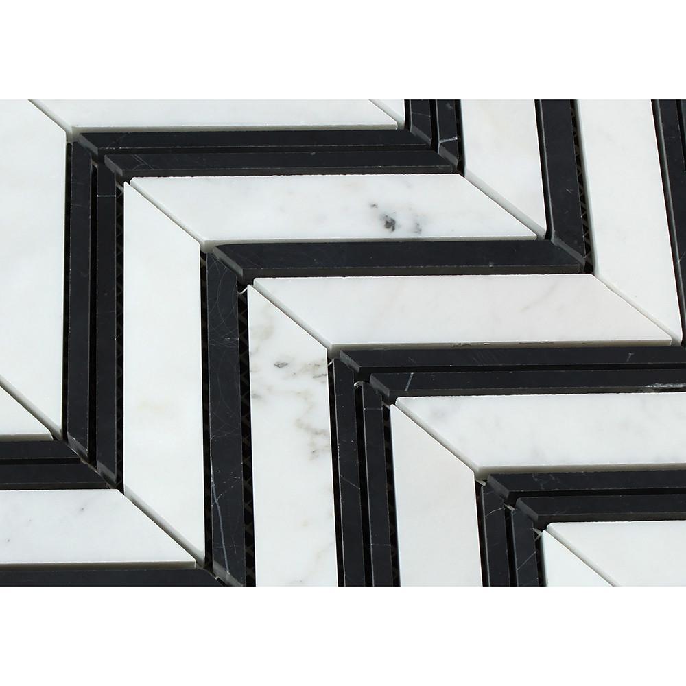 Tilefornia Italian Carrara White Marble Large Chevron Mosaic Tile w/ Black Marble Strips Polished/Honed - Tilefornia