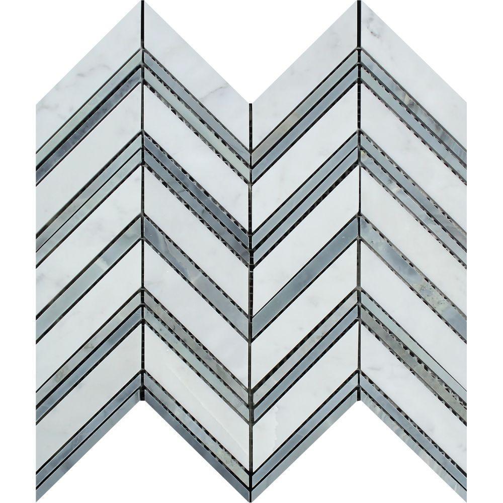Tilefornia Italian Carrara White Large Chevron Mosaic Tile w/ Blue/Gray Marble Strips Polished/Honed - Tilefornia