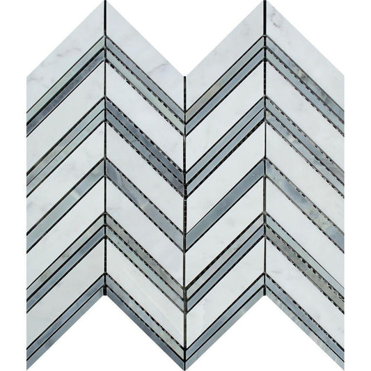 Tilefornia Italian Carrara White Large Chevron Mosaic Tile w/ Blue/Gray Marble Strips Polished/Honed - Tilefornia