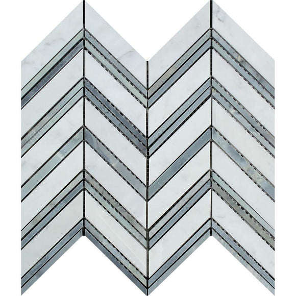 Tilefornia Italian Carrara White Large Chevron Mosaic Tile w/ Blue/Gray Marble Strips Polished/Honed - Tilefornia