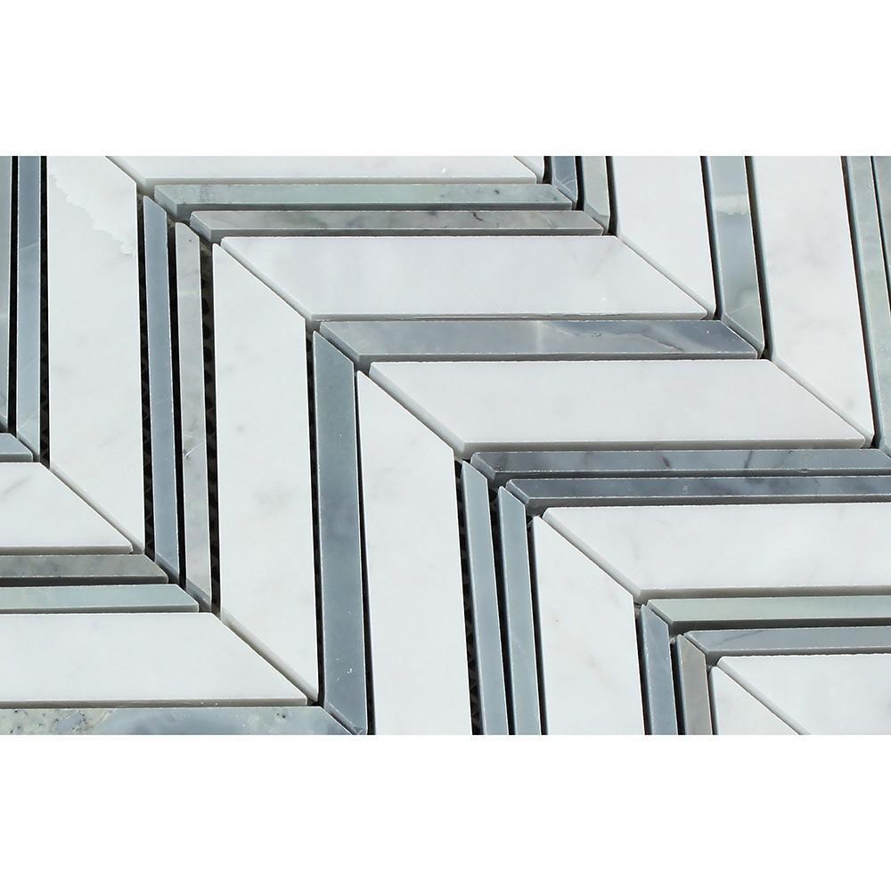 Tilefornia Italian Carrara White Large Chevron Mosaic Tile w/ Blue/Gray Marble Strips Polished/Honed - Tilefornia