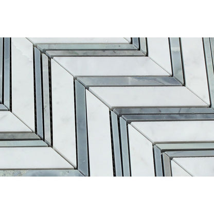 Tilefornia Italian Carrara White Large Chevron Mosaic Tile w/ Blue/Gray Marble Strips Polished/Honed - Tilefornia