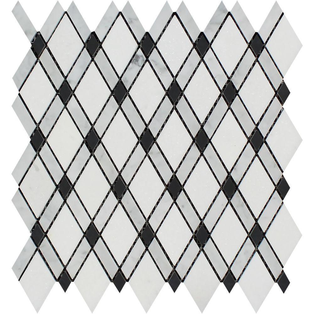 Tilefornia Italian Carrara White Marble & Greek Thassos White Marble Lattice Diamonds w/ Black Marble  Strip Polished/Honed - Tilefornia