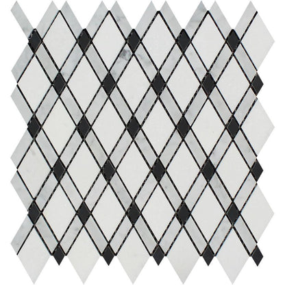 Tilefornia Italian Carrara White Marble & Greek Thassos White Marble Lattice Diamonds w/ Black Marble  Strip Polished/Honed - Tilefornia