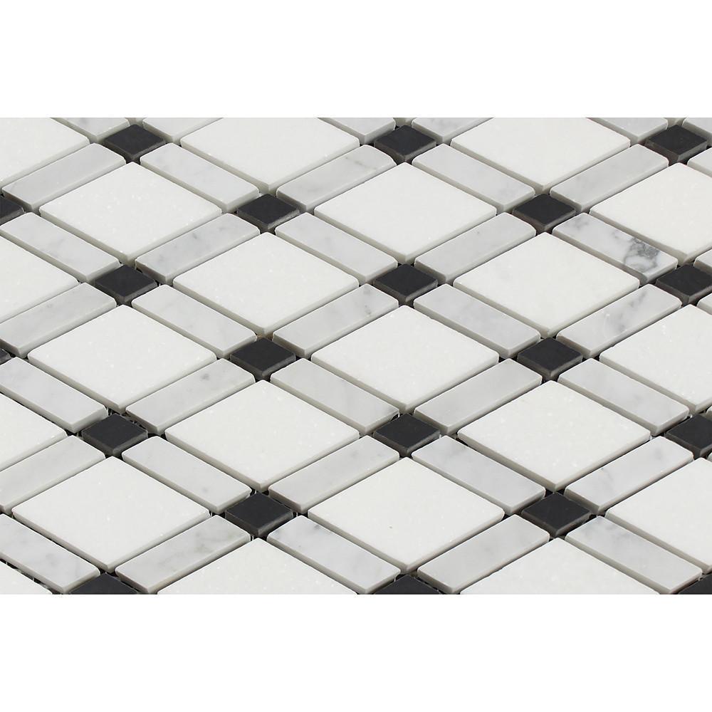 Tilefornia Italian Carrara White Marble & Greek Thassos White Marble Lattice Diamonds w/ Black Marble  Strip Polished/Honed - Tilefornia