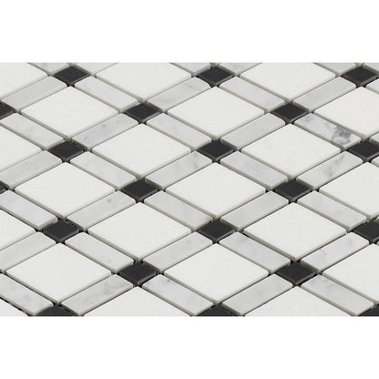 Tilefornia Italian Carrara White Marble & Greek Thassos White Marble Lattice Diamonds w/ Black Marble  Strip Polished/Honed - Tilefornia