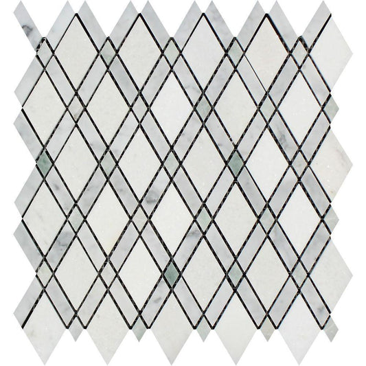 Tilefornia Italian Carrara White Marble & Greek Thassos White Marble Lattice Diamonds w/ Blue/Gray Marble Strips Polished/Honed - Tilefornia