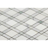Tilefornia Italian Carrara White Marble & Greek Thassos White Marble Lattice Diamonds w/ Blue/Gray Marble Strips Polished/Honed - Tilefornia