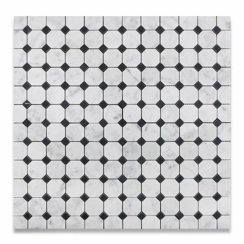 Tilefornia Italian Carrara White Marble Octagon w/ Black Marble Dots Mosaic Tile Polished/Honed - Tilefornia