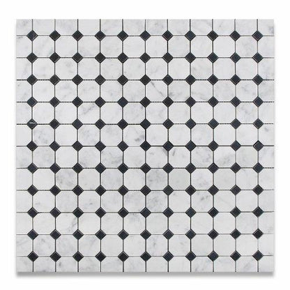 Tilefornia Italian Carrara White Marble Octagon w/ Black Marble Dots Mosaic Tile Polished/Honed - Tilefornia