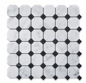 Tilefornia Italian Carrara White Marble Octagon w/ Black Marble Dots Mosaic Tile Polished/Honed - Tilefornia