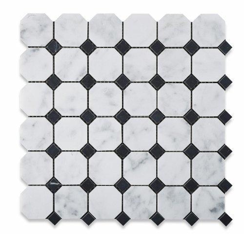 Tilefornia Italian Carrara White Marble Octagon w/ Black Marble Dots Mosaic Tile Polished/Honed - Tilefornia