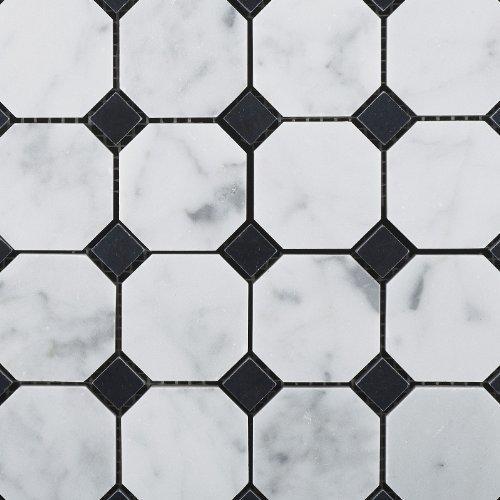 Tilefornia Italian Carrara White Marble Octagon w/ Black Marble Dots Mosaic Tile Polished/Honed - Tilefornia
