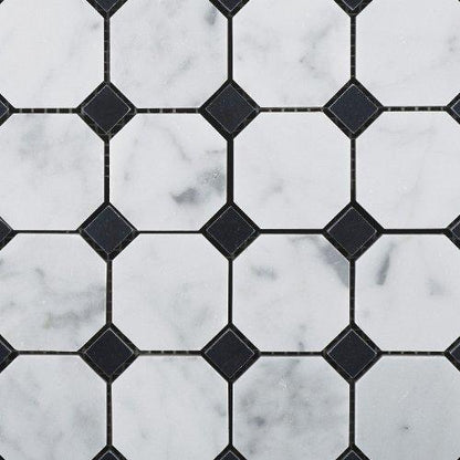 Tilefornia Italian Carrara White Marble Octagon w/ Black Marble Dots Mosaic Tile Polished/Honed - Tilefornia