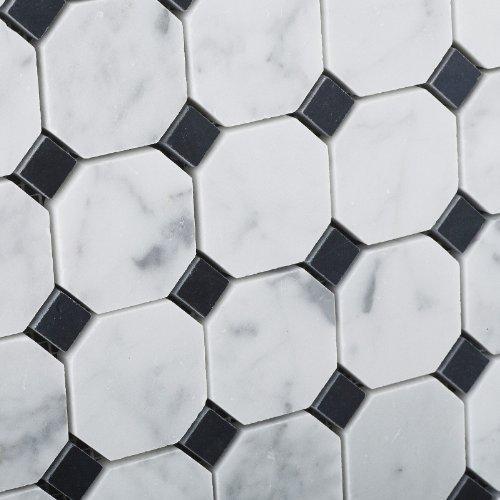 Tilefornia Italian Carrara White Marble Octagon w/ Black Marble Dots Mosaic Tile Polished/Honed - Tilefornia