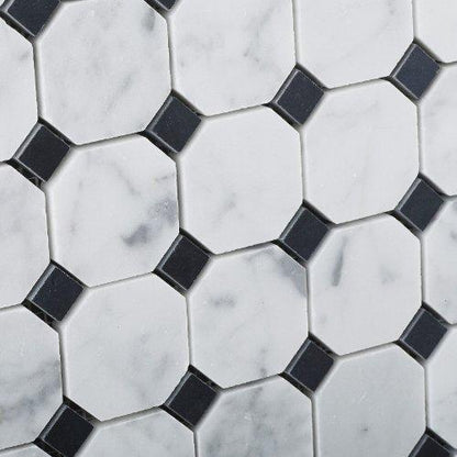 Tilefornia Italian Carrara White Marble Octagon w/ Black Marble Dots Mosaic Tile Polished/Honed - Tilefornia