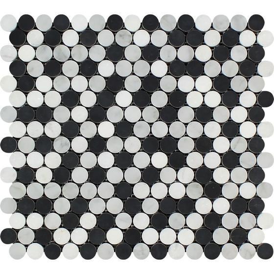 Tilefornia Italian Carrara White & Greek Thassos White & Black Marble Penny Rounds - Tilefornia