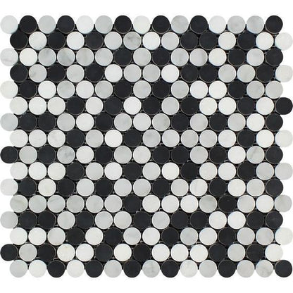 Tilefornia Italian Carrara White & Greek Thassos White & Black Marble Penny Rounds - Tilefornia