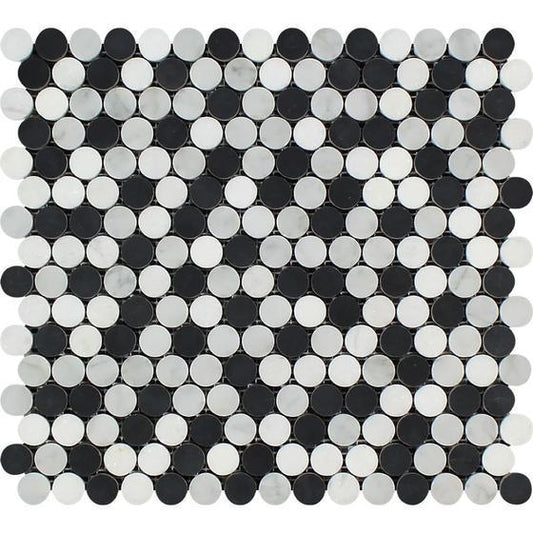 Tilefornia Italian Carrara White & Greek Thassos White & Black Marble Penny Rounds - Tilefornia