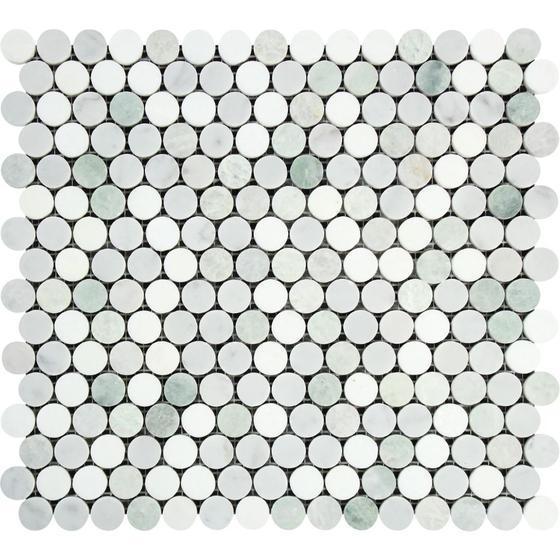 Tilefornia Italian Carrara White & Greek Thassos White & Green Marble Penny Rounds - Tilefornia