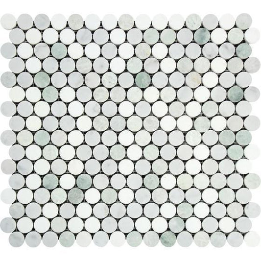 Tilefornia Italian Carrara White & Greek Thassos White & Green Marble Penny Rounds - Tilefornia