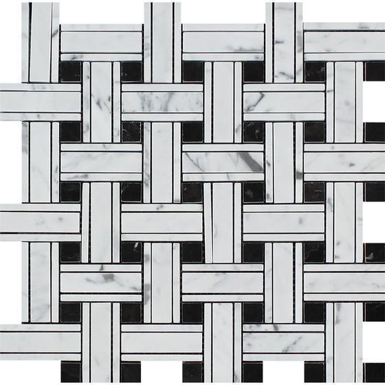Tilefornia Italian Carrara White Marble Tripleweave Mosaic Tile w/ Black Marble Dots Polished/Honed - Tilefornia