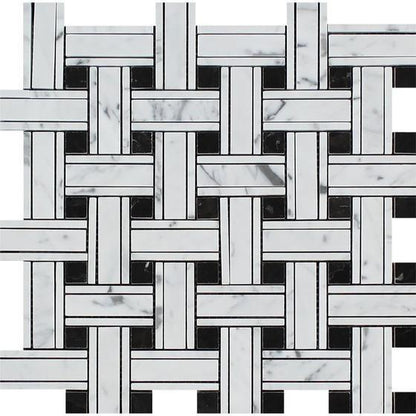 Tilefornia Italian Carrara White Marble Tripleweave Mosaic Tile w/ Black Marble Dots Polished/Honed - Tilefornia