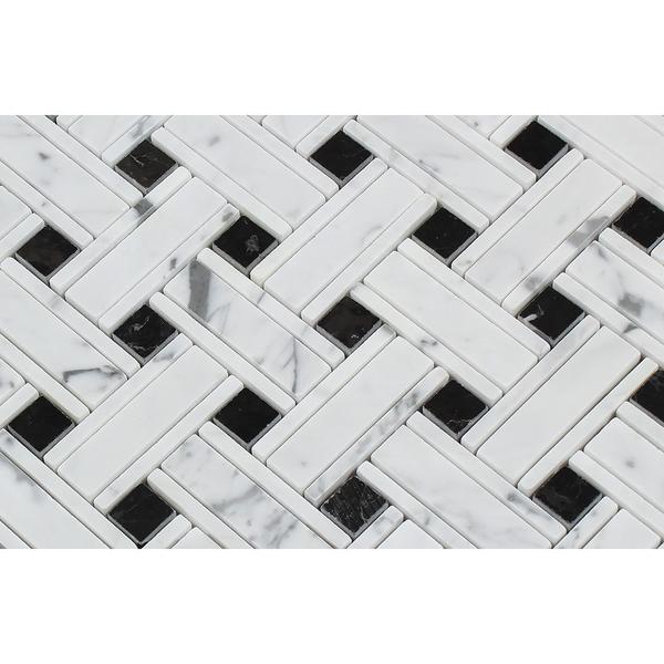 Tilefornia Italian Carrara White Marble Tripleweave Mosaic Tile w/ Black Marble Dots Polished/Honed - Tilefornia