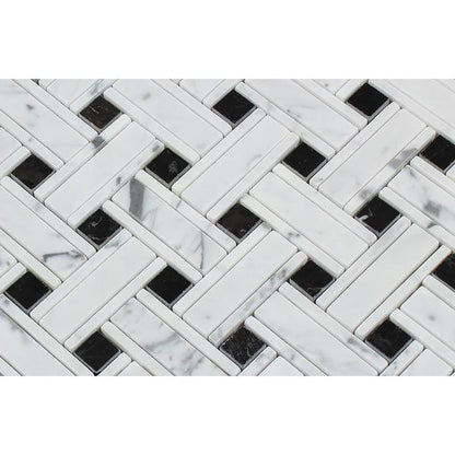 Tilefornia Italian Carrara White Marble Tripleweave Mosaic Tile w/ Black Marble Dots Polished/Honed - Tilefornia