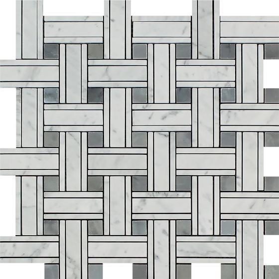 Tilefornia Italian Carrara White Marble Tripleweave Mosaic Tile w/ Blue/Gray Marble DotsPolished/Honed - Tilefornia