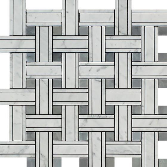 Tilefornia Italian Carrara White Marble Tripleweave Mosaic Tile w/ Blue/Gray Marble DotsPolished/Honed - Tilefornia