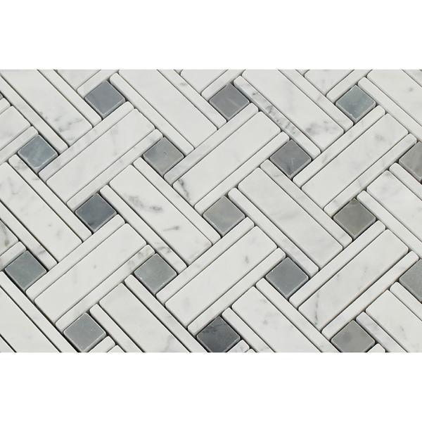 Tilefornia Italian Carrara White Marble Tripleweave Mosaic Tile w/ Blue/Gray Marble DotsPolished/Honed - Tilefornia