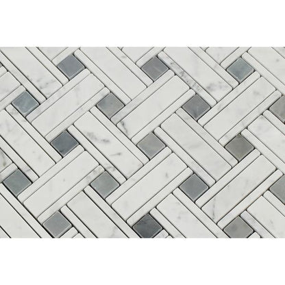 Tilefornia Italian Carrara White Marble Tripleweave Mosaic Tile w/ Blue/Gray Marble DotsPolished/Honed - Tilefornia