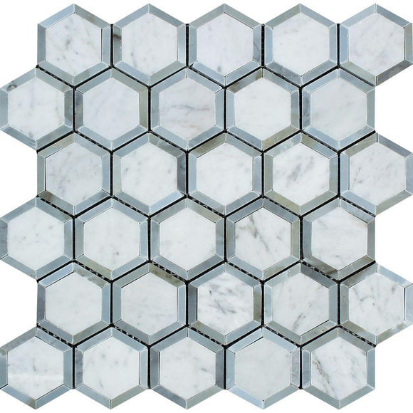 Tilefornia Italian Carrara White Marble Vortex Hexagon w/Blue/Gray Marble Ribbon Mosaic TilePolished/Honed - Tilefornia
