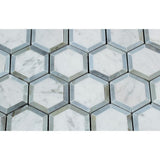 Tilefornia Italian Carrara White Marble Vortex Hexagon w/Blue/Gray Marble Ribbon Mosaic TilePolished/Honed - Tilefornia