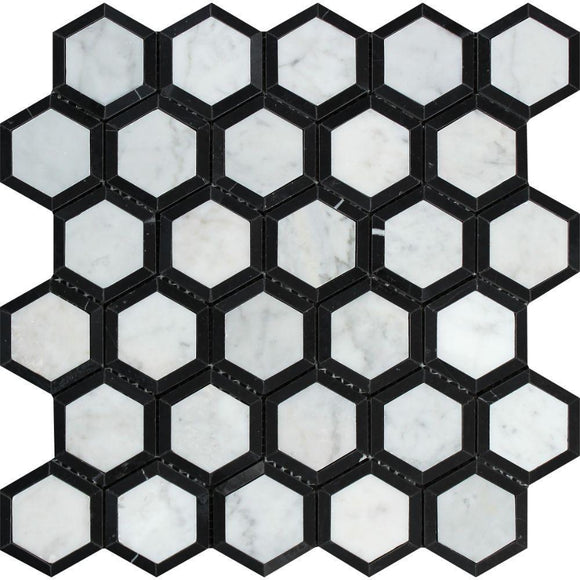 Tilefornia Italian Carrara White Marble Vortex Hexagon Mosaic Tile w/Black Marble  Ribbon Polished/Honed - Tilefornia
