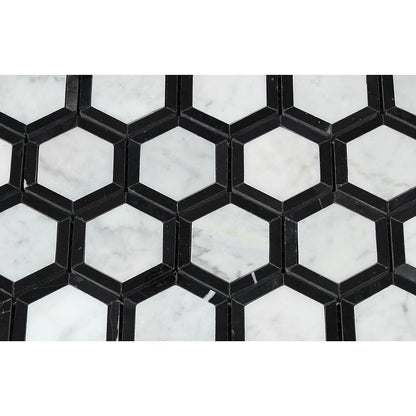 Tilefornia Italian Carrara White Marble Vortex Hexagon Mosaic Tile w/Black Marble  Ribbon Polished/Honed - Tilefornia