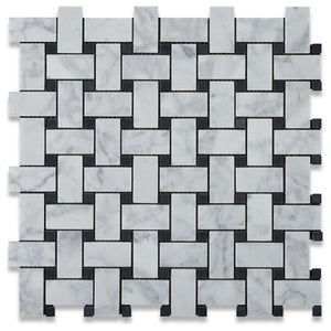 Tilefornia Italian Carrara White Basketweave Mosaic Tile w/ Black Dots Marble Polished/Honed - Tilefornia