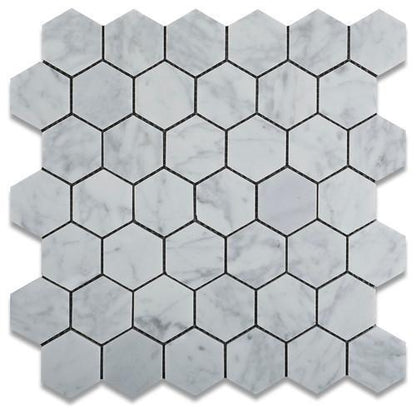 Tilefornia Italian Carrara White Marble 2" Hexagon Mosaic Tile Polished/Honed - Tilefornia