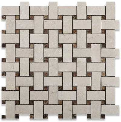 Crema Marfil Marble Basketweave Mosaic Tile with Emperador Dots, Polished