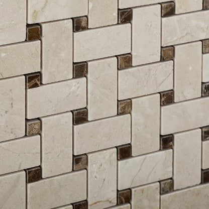 Crema Marfil Basketweave with Dark Emperador Dot Polished Finished - Tilefornia