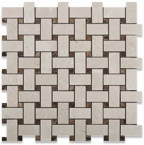 Crema Marfil Marble Basketweave Dark Emperador - Tilefornia