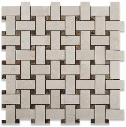 Crema Marfil Marble Basketweave Dark Emperador - Tilefornia